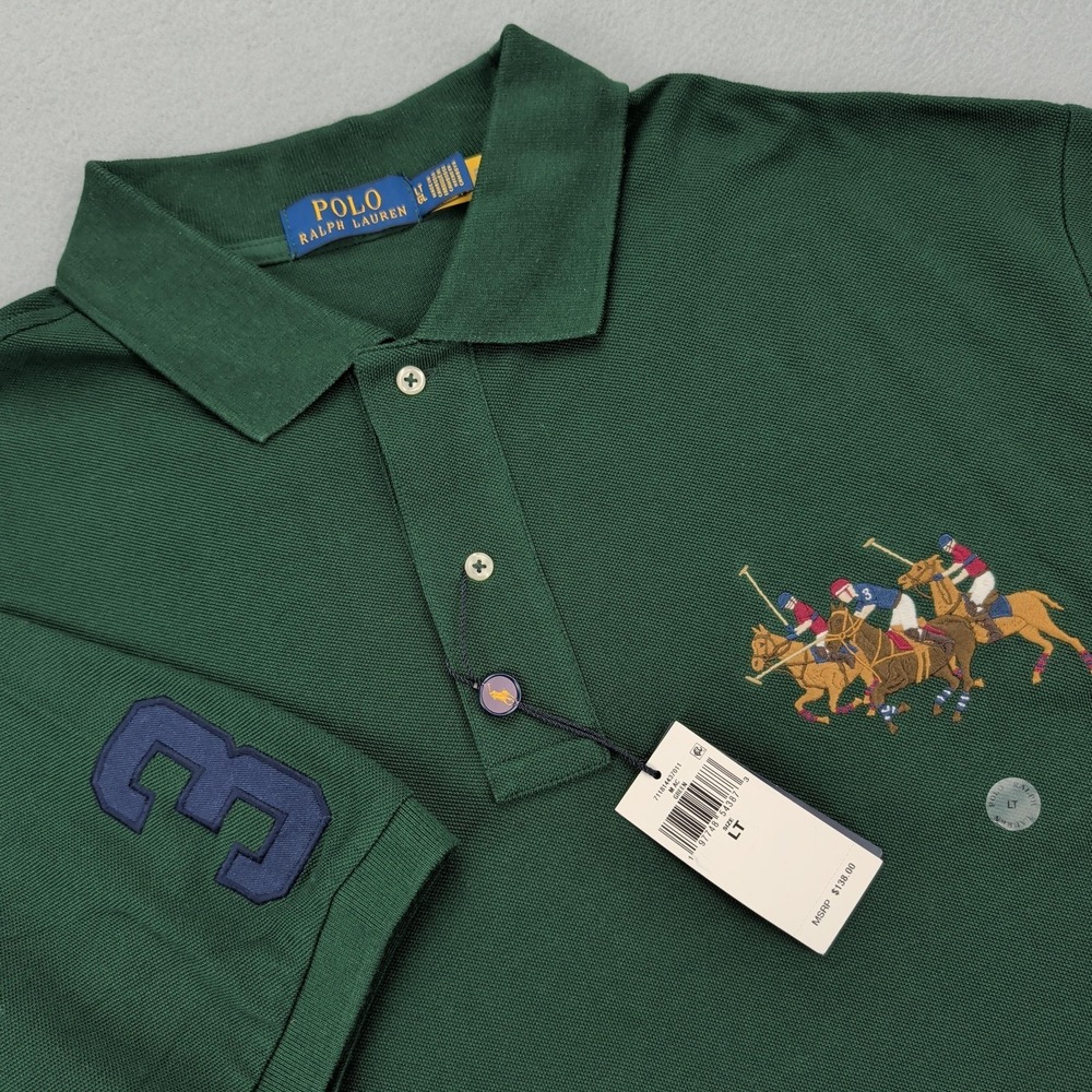 Polo Ralph Lauren Polo Shirt Mens LT Tall Green Pique Polo Match 3 Triple Pony - Picture 1 of 14